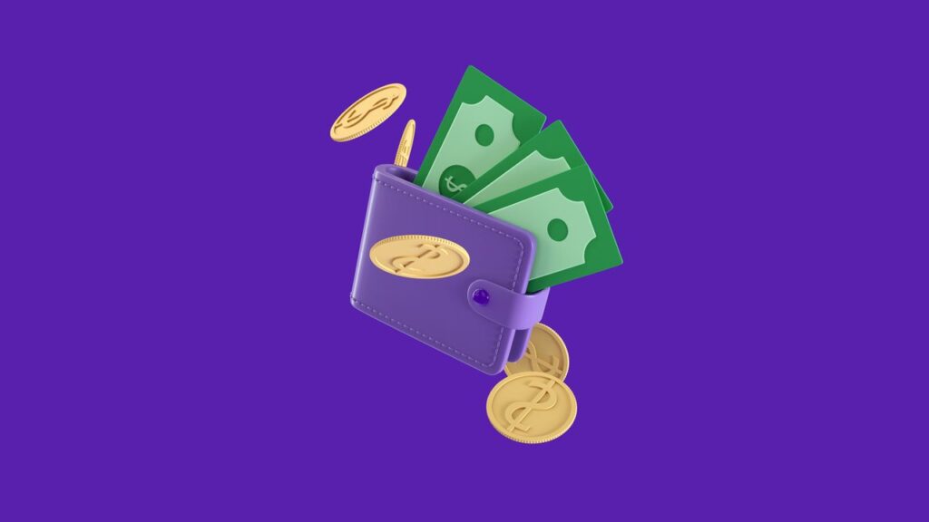 pexels-photo-12198535-12198535 Bright 3D illustration of a purple wallet with cash and gold coins on a purple background.